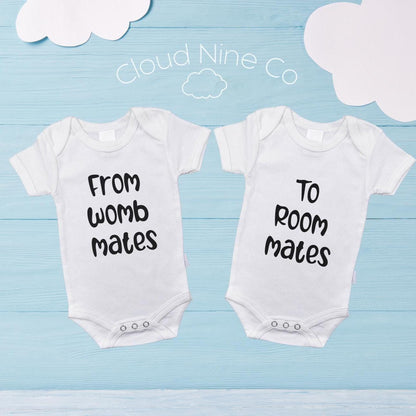 From Womb Mates to Room Mates, Funny Matching Twin Bodysuits | Twin Pregnancy Announcement Rompers | Baby Shower Gift Idea For Multiples