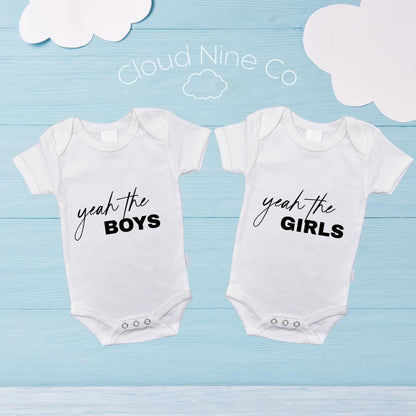 Yeah The Girls, Yeah The Boys | Funny Bodysuits | Matching Twin Outfits | Baby Shower Gift | Newborn Announcement Photo Prop | Gender Reveal