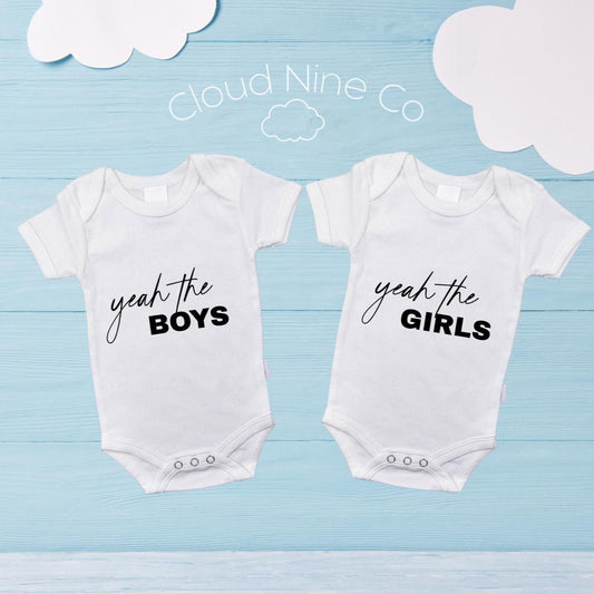 Yeah The Girls, Yeah The Boys | Funny Bodysuits | Matching Twin Outfits | Baby Shower Gift | Newborn Announcement Photo Prop | Gender Reveal