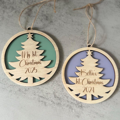 Personalised First Christmas Tree Ornament | Timber + Acrylic Keepsake | My 1st Christmas Decoration | Name Bauble | Stocking Xmas Gift Tag