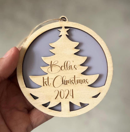 Personalised First Christmas Tree Ornament | Timber + Acrylic Keepsake | My 1st Christmas Decoration | Name Bauble | Stocking Xmas Gift Tag