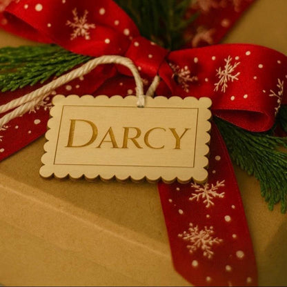 Personalised Reusable Wooden Gift Tag | Custom Christmas Timber Stocking Name Label | Modern Sustainable Xmas Tag | Bag Keyring | Scalloped