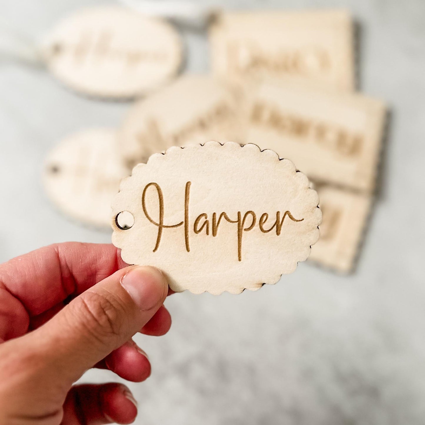 Personalised Reusable Wooden Gift Tag | Custom Christmas Timber Stocking Name Label | Modern Sustainable Xmas Tag | Bag Keyring | Scalloped