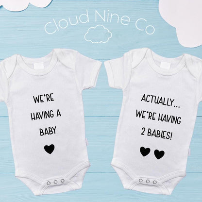 We're Having a Baby, Actually... We're Having Two Babies! Twin Bodysuit Set | Twin Reveal Outfits | Matching Twin Pregnancy Announcement |