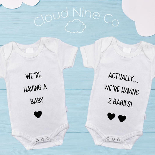 We're Having a Baby, Actually... We're Having Two Babies! Twin Bodysuit Set | Twin Reveal Outfits | Matching Twin Pregnancy Announcement |
