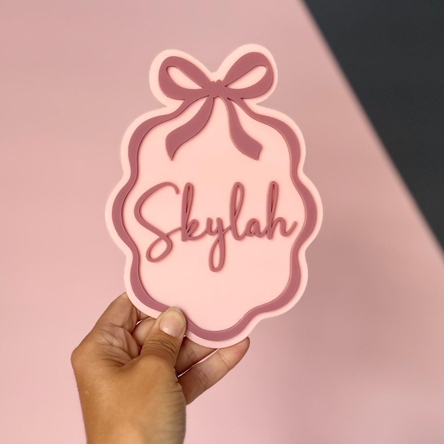 Custom Bow Announcement Name Sign | Name Reveal Wavy Acrylic Plaque | Coquette Style Girls Birth Announcement |