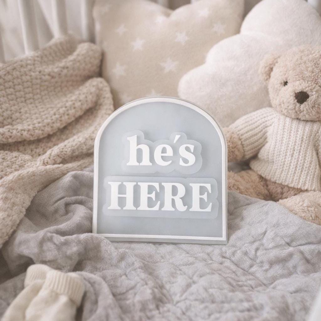 He's Here, She's Here, We're Here Birth Announcement Arch Plaque | They're Here Twins Arrival | Gender Reveal Layered Acrylic Sign |