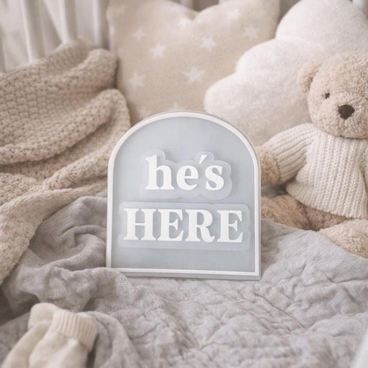 He's Here, She's Here, We're Here Birth Announcement Arch Plaque | They're Here Twins Arrival | Gender Reveal Layered Acrylic Sign |