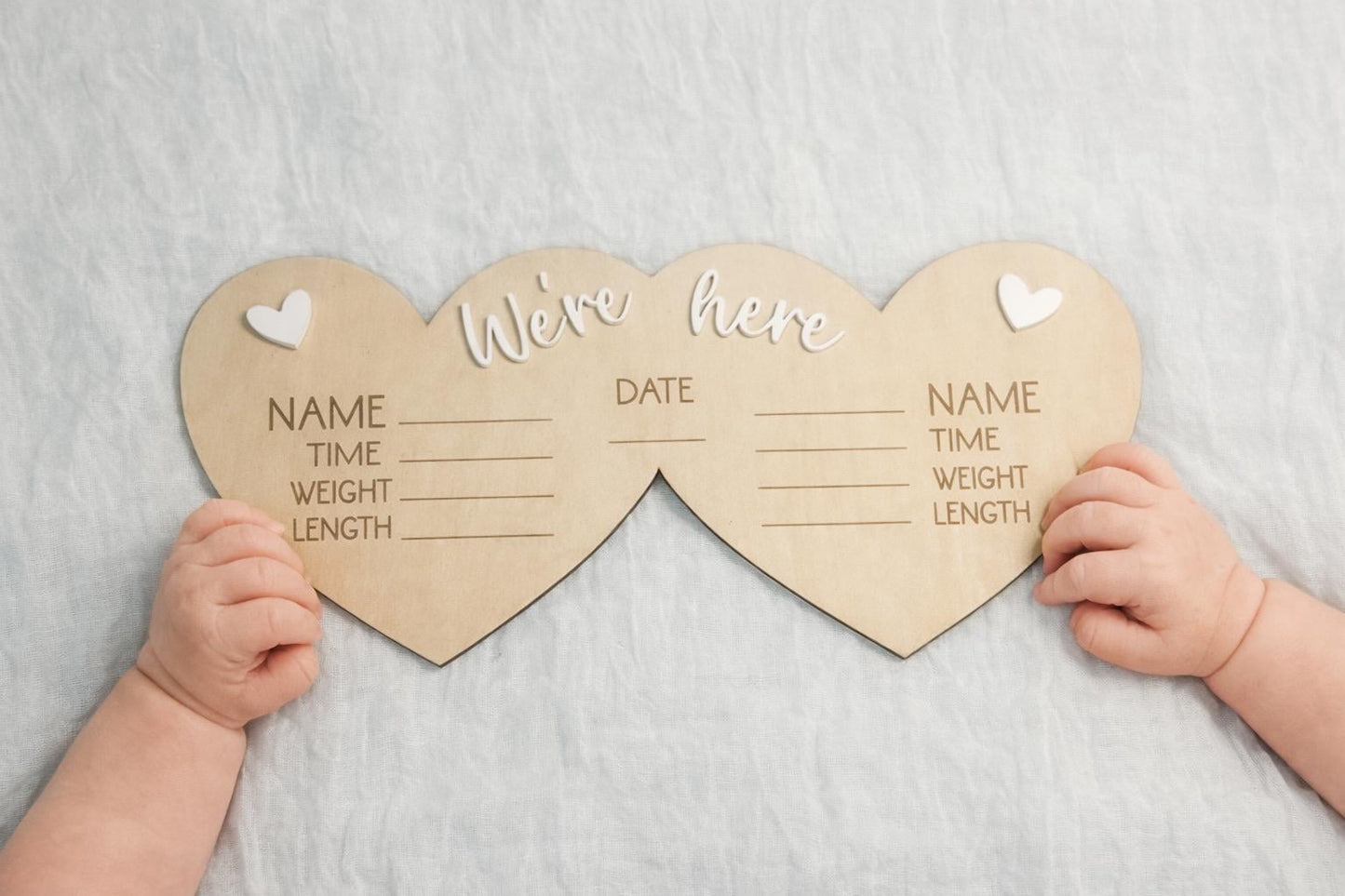 We're Here Twin Birth Details Sign | Heart-Shaped Multiple Birth Announcement Plaque | Triplet & Higher Order Multiples Photo Prop