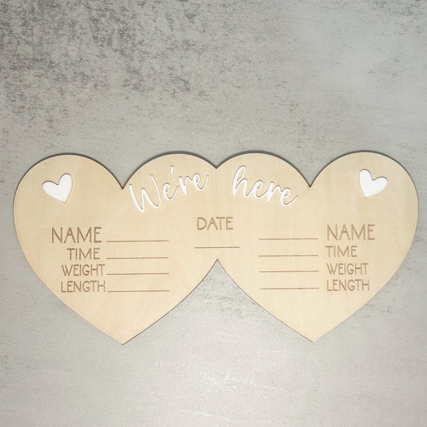 We're Here Twin Birth Details Sign | Heart-Shaped Multiple Birth Announcement Plaque | Triplet & Higher Order Multiples Photo Prop