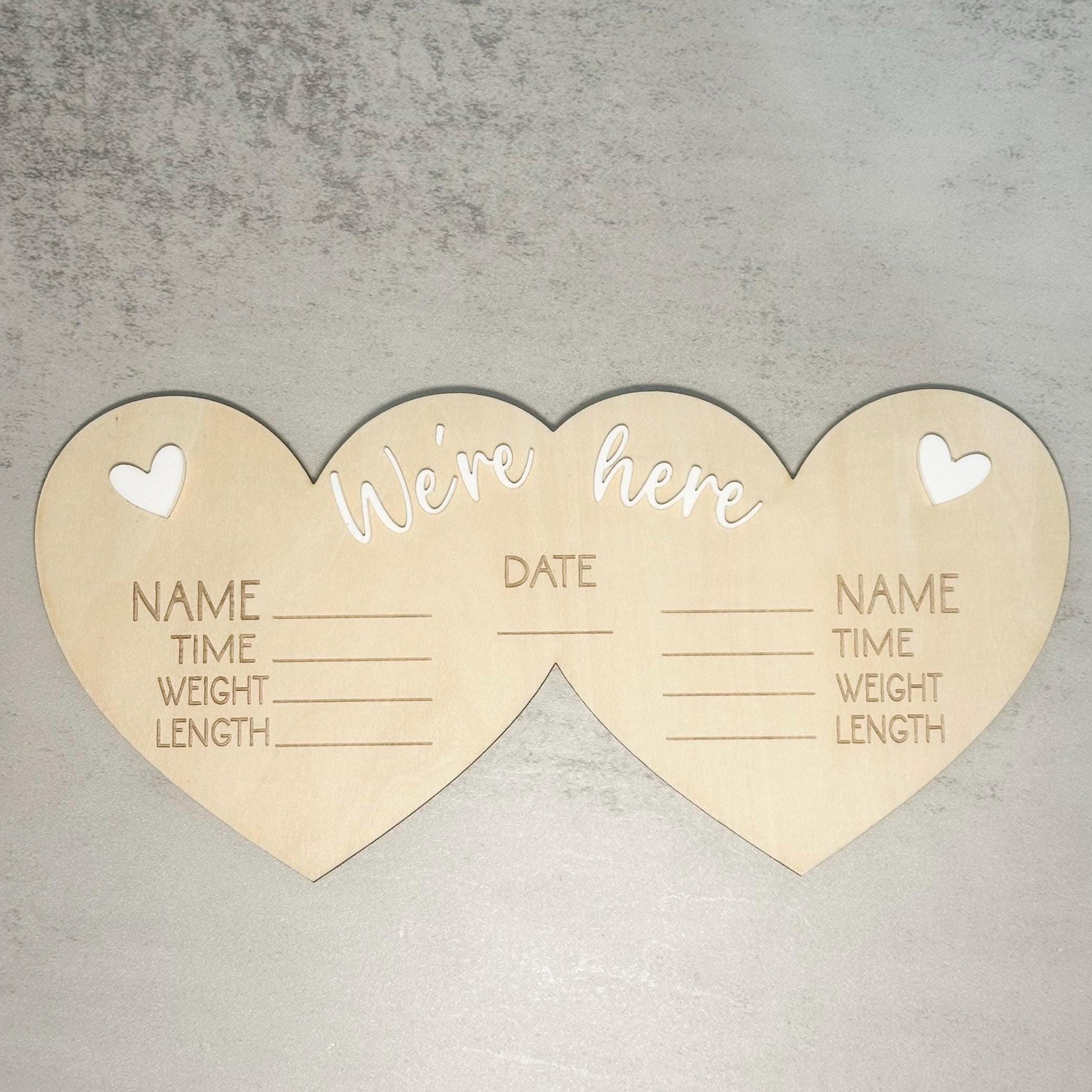 We're Here Twin Birth Details Sign | Heart-Shaped Multiple Birth Announcement Plaque | Triplet & Higher Order Multiples Photo Prop