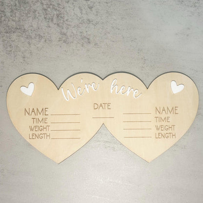 We're Here Twin Birth Details Sign | Heart-Shaped Multiple Birth Announcement Plaque | Triplet & Higher Order Multiples Photo Prop