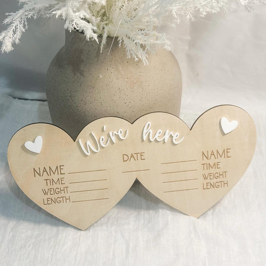 We're Here Twin Birth Details Sign | Heart-Shaped Multiple Birth Announcement Plaque | Triplet & Higher Order Multiples Photo Prop