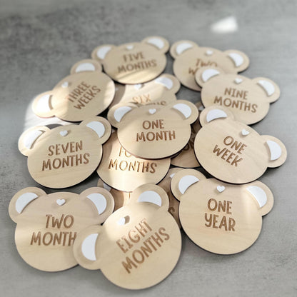 Baby's First Year Teddy Bear Milestones, Set of 15 Timber & Acrylic Plaques, Newborn Photo Props, Baby Shower Gift, 1st Year Keepsake Discs