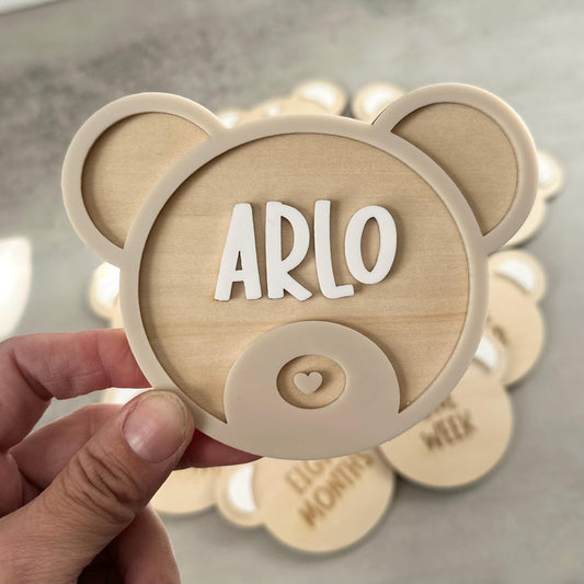 Personalised Teddy Bear Name Announcement Sign, Wooden and Acrylic Baby Name Sign, Newborn Photo Prop, Baby Shower Gift, Small or Large Size