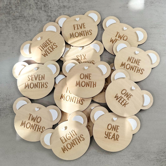 Baby's First Year Teddy Bear Milestones, Set of 15 Timber & Acrylic Plaques, Newborn Photo Props, Baby Shower Gift, 1st Year Keepsake Discs