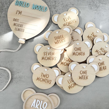 Baby's First Year Teddy Bear Milestones, Set of 15 Timber & Acrylic Plaques, Newborn Photo Props, Baby Shower Gift, 1st Year Keepsake Discs