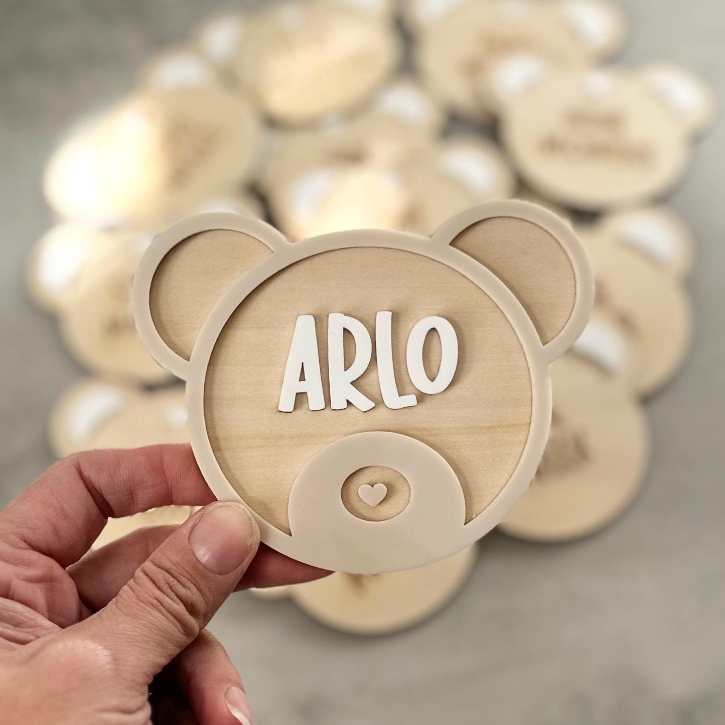 Personalised Teddy Bear Name Announcement Sign, Wooden and Acrylic Baby Name Sign, Newborn Photo Prop, Baby Shower Gift, Small or Large Size