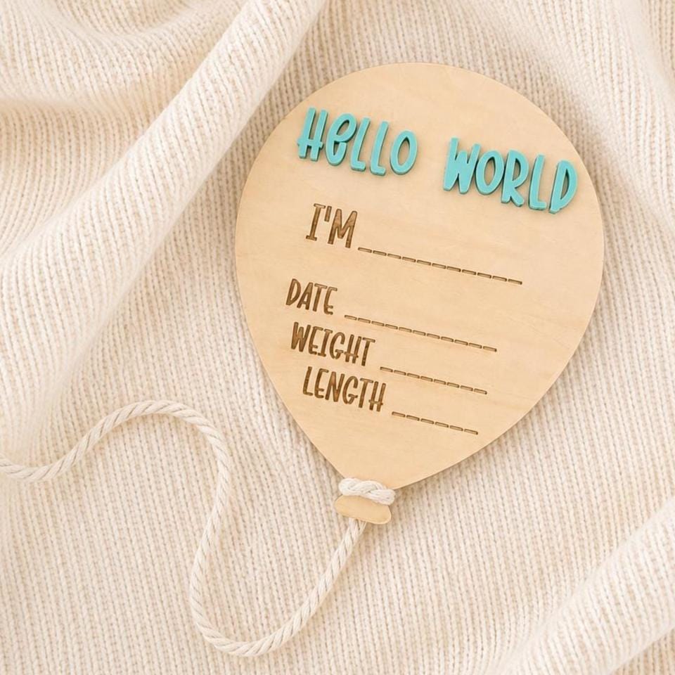 Hello World Birth Details Sign, Balloon Shaped Timber Birth Stats Sign, Baby Name Announcement, Newborn Photo Shoot Prop Name Reveal