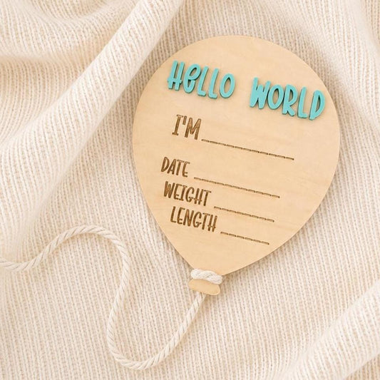 Hello World Birth Details Sign, Balloon Shaped Timber Birth Stats Sign, Baby Name Announcement, Newborn Photo Shoot Prop Name Reveal
