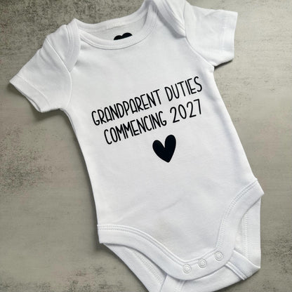 Grandparent Duties Commencing, Pregnancy Reveal Baby Bodysuit, Promoted to Nanna and Grandpa, Grandma and Grandpa Duties 2026 2027