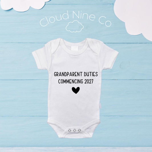 Grandparent Duties Commencing, Pregnancy Reveal Baby Bodysuit, Promoted to Nanna and Grandpa, Grandma and Grandpa Duties 2026 2027
