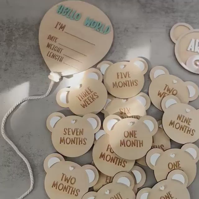 Baby's First Year Teddy Bear Milestones, Set of 15 Timber & Acrylic Plaques, Newborn Photo Props, Baby Shower Gift, 1st Year Keepsake Discs