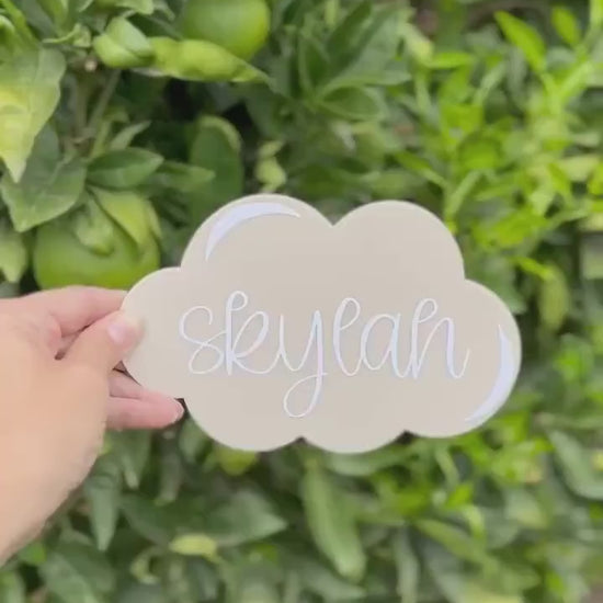 Custom baby name announcement plaque, acrylic cloud photo prop, baby on the way sign, personalised newborn reveal, kids nursery sky decor