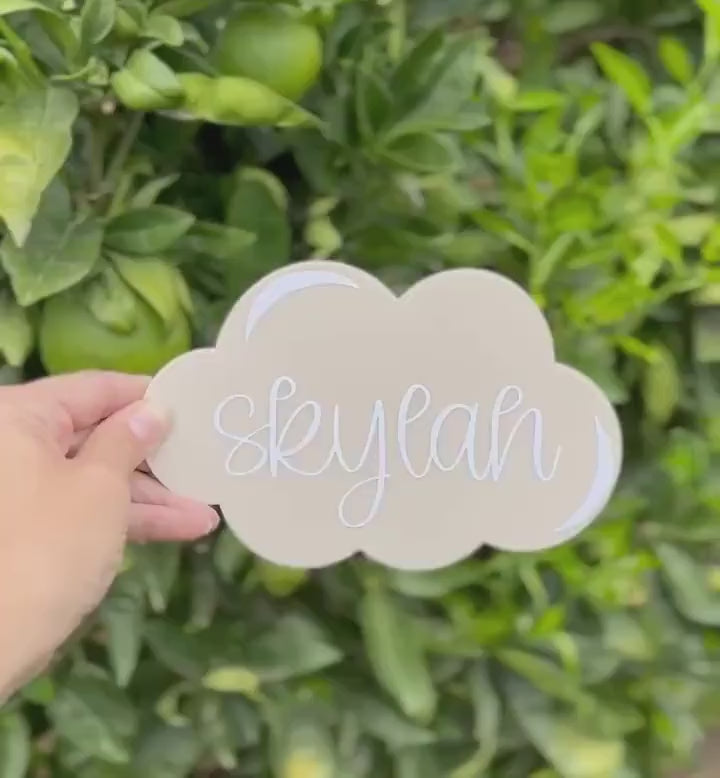 Custom baby name announcement plaque, acrylic cloud photo prop, baby on the way sign, personalised newborn reveal, kids nursery sky decor