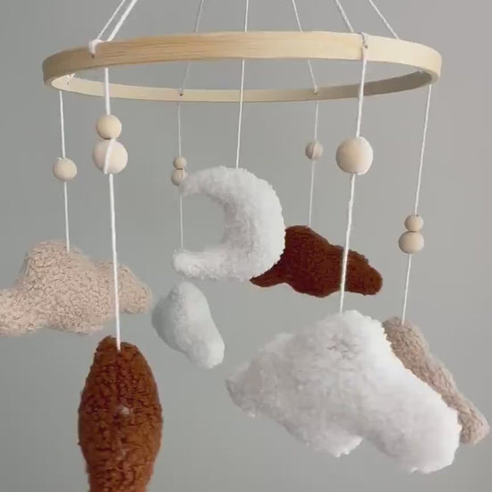 Boucle clouds & moon baby mobile, cloud nursery decor theme, neutral coloured tan white brown decor, sky-themed hanging cot crib decoration