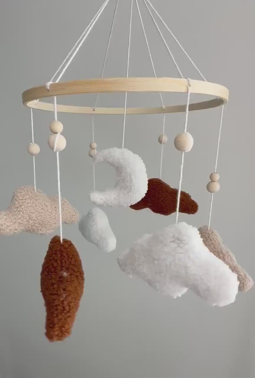 Boucle clouds & moon baby mobile, cloud nursery decor theme, neutral coloured tan white brown decor, sky-themed hanging cot crib decoration