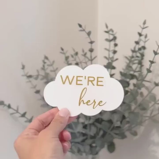 Cloud shaped 'We're Here' multiple birth announcement plaque, pregnancy announcement, baby shower gift for twins, triplets, baby reveal