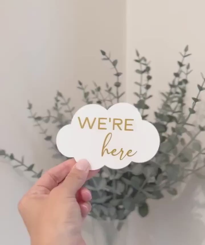 Cloud shaped 'We're Here' multiple birth announcement plaque, pregnancy announcement, baby shower gift for twins, triplets, baby reveal