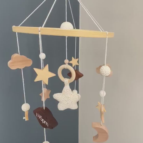 Custom baby mobile, cot mobile, personalised crib mobile, newborn details, stars and moons, crochet mobile, neutral baby gift, nursery decor