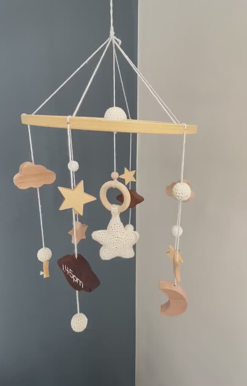 Custom baby mobile, cot mobile, personalised crib mobile, newborn details, stars and moons, crochet mobile, neutral baby gift, nursery decor