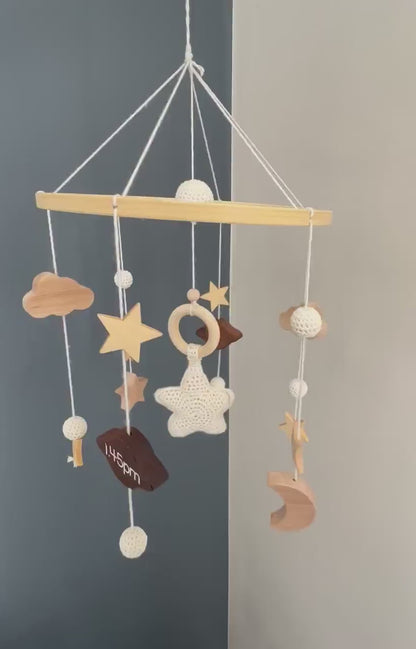 Custom baby mobile, cot mobile, personalised crib mobile, newborn details, stars and moons, crochet mobile, neutral baby gift, nursery decor