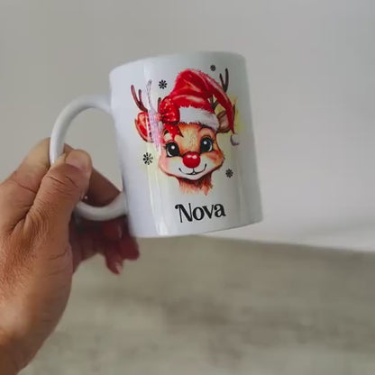 Personalised Reindeer Name Mug 11oz, Custom Christmas Mug, Cute Girls Xmas Gift, Kris Kringle, Secret Santa Present, Festive Coffee Tea Mug