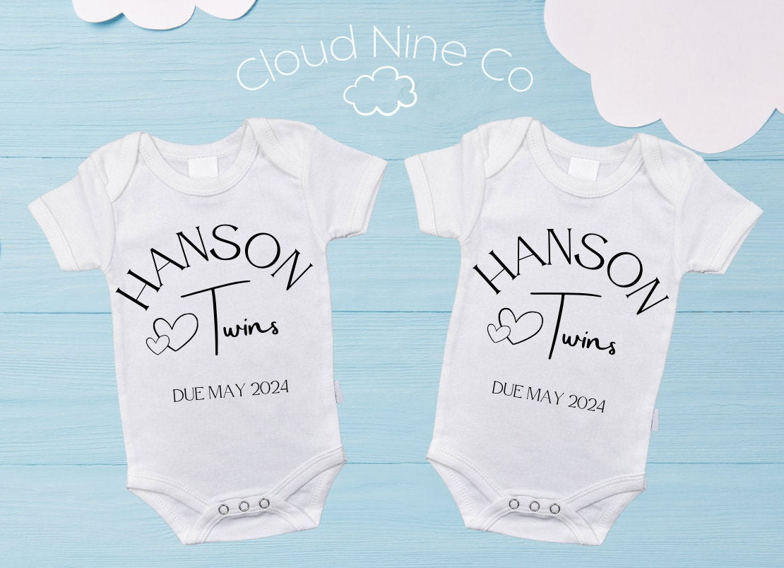 Personalised Name & Due Date Pregnancy Announcement - matching twin bodysuit set