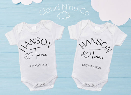 Personalised Name & Due Date Pregnancy Announcement - matching twin bodysuit set