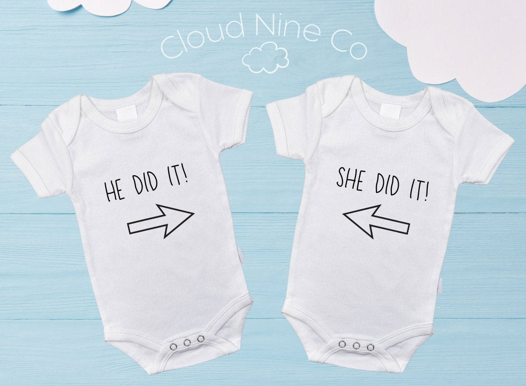 He Did It... She Did It! - matching twin bodysuit set