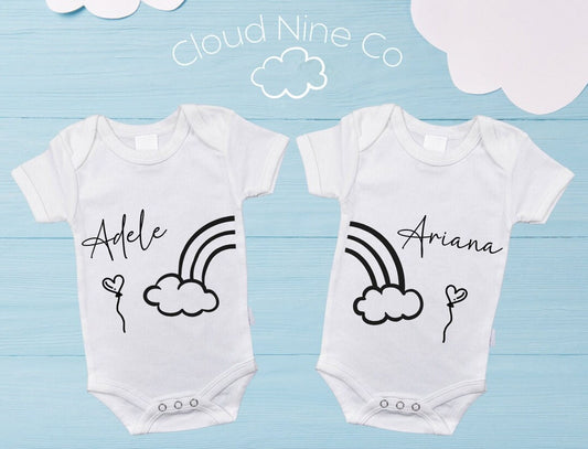 Rainbow Name - customisable matching twin bodysuit set