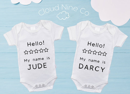 Hello! My Name Is... - personalised twin bodysuit set