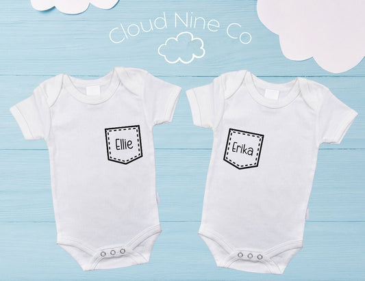 Names on Pocket - matching twin bodysuit set