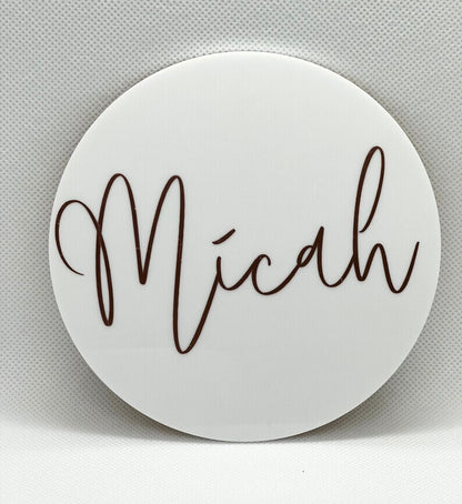Birth announcement plaque 10cm, baby name reveal, newborn name announcement, personalised birth name plaque, custom acrylic round name disc