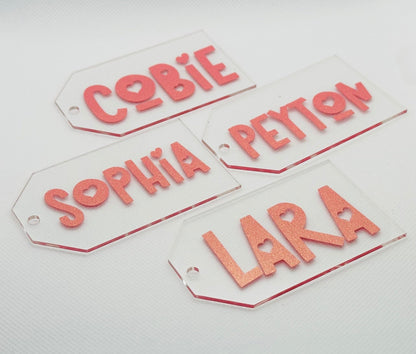 Personalised kids party favour, reusable gift keyring, custom girls name tag, acrylic school bag tag, modern sustainable label, keepsake tag