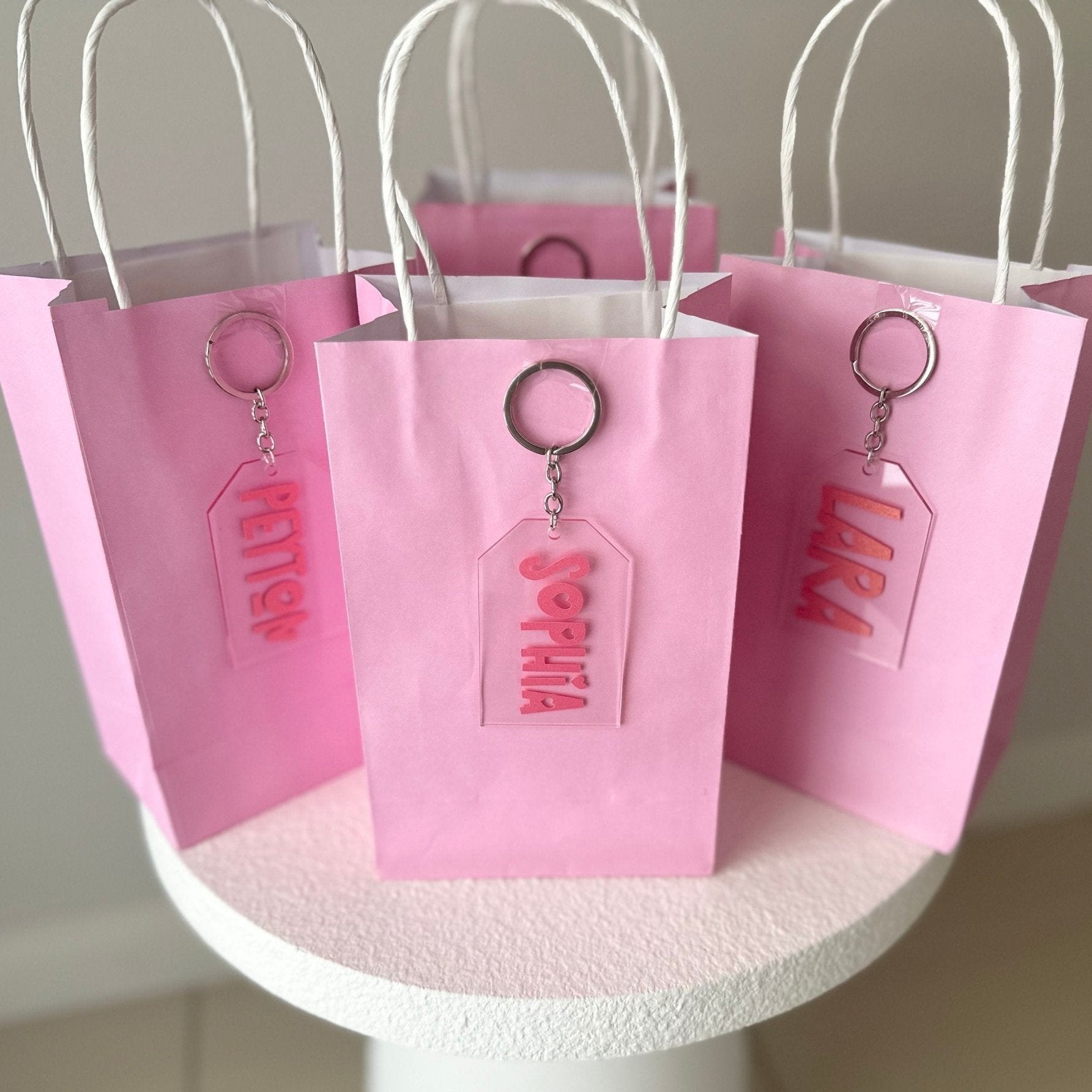 Personalised kids party favour, reusable gift keyring, custom girls name tag, acrylic school bag tag, modern sustainable label, keepsake tag