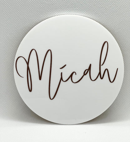 Birth announcement plaque 12cm, baby name reveal, newborn name announcement, personalised birth name plaque, custom acrylic round name disc