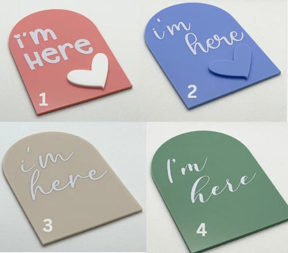 I'm Here baby announcement, newborn baby sign, arch birth announcement plaque, new baby, newborn photo prop, baby keepsake, baby shower gift
