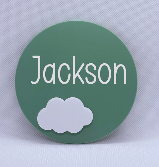 Name announcement plaque with 3D cloud, baby name reveal, newborn birth announcement, personalised name plaque, custom acrylic round disc