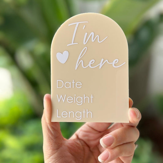 I'm Here baby announcement plaque with birth details, custom arch newborn keepsake gift, baby shower gift, newborn gift, baby photo prop